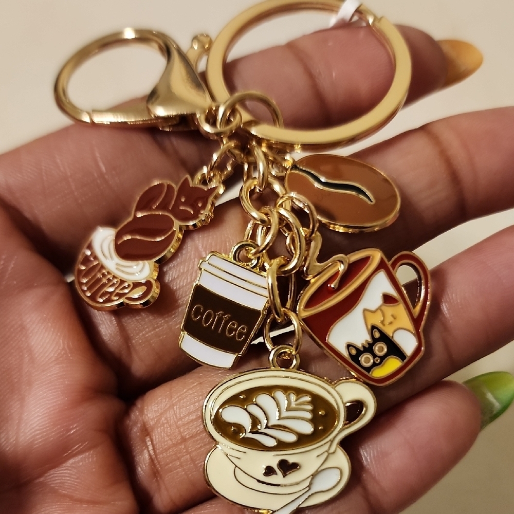 Gold and Brown Coffee Charm Keychain - Picture 5 of 5